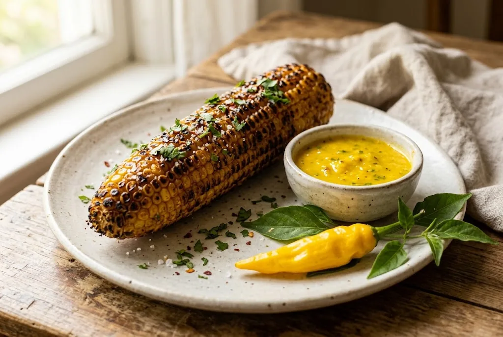 Grilled corn served with Ají Lemon Drop pepper sauce