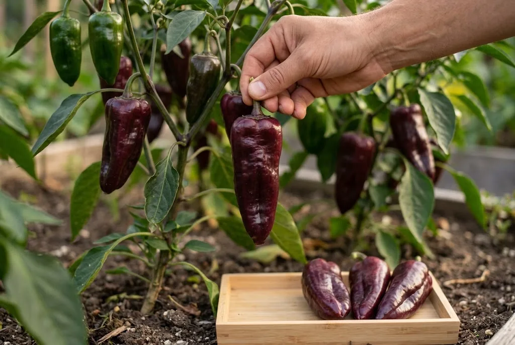 A single hand pinches a fully ripe dark maroon elongated blocky-bell urfa biber pod from the plant above a small enamel colander of similar pods