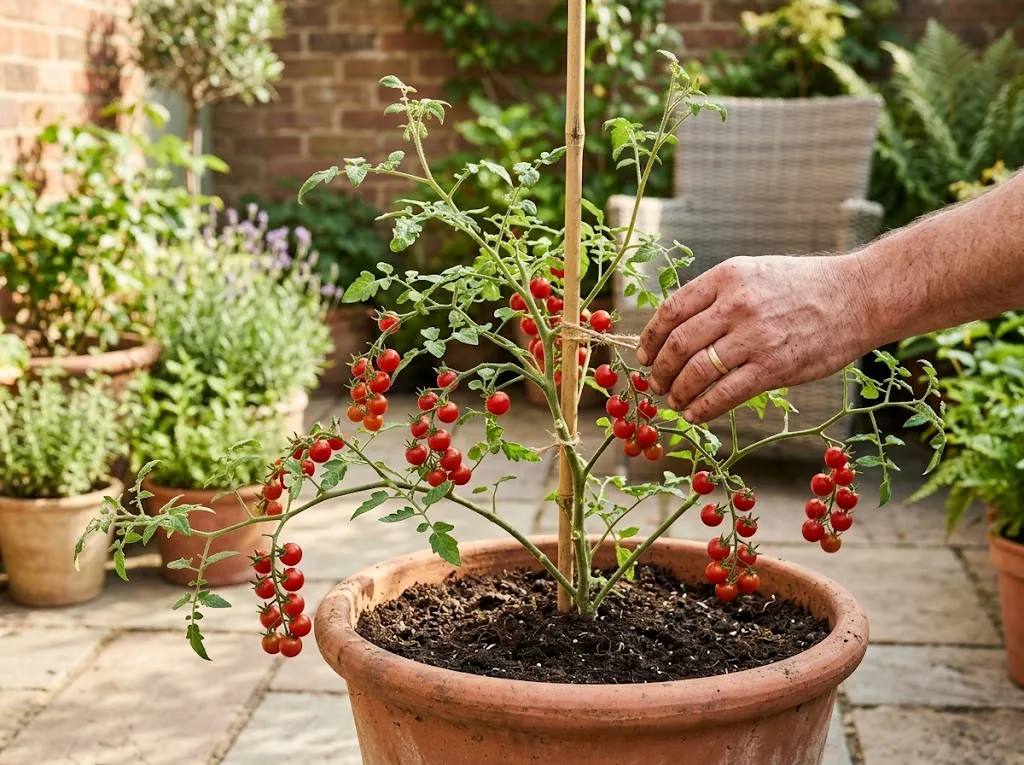 A potted currant tomato plant with small red berries on a sunny patio