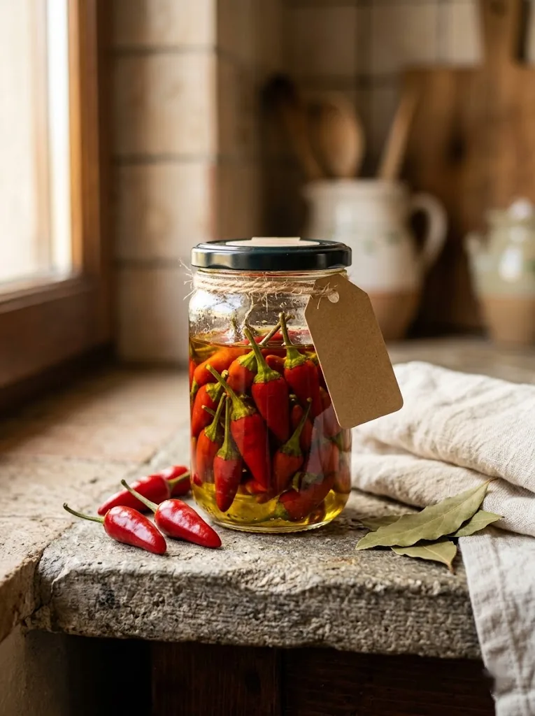 A small Italian glass jar of whole Calabrian chili peppers submerged in pale golden olive oil on a stone kitchen shelf
