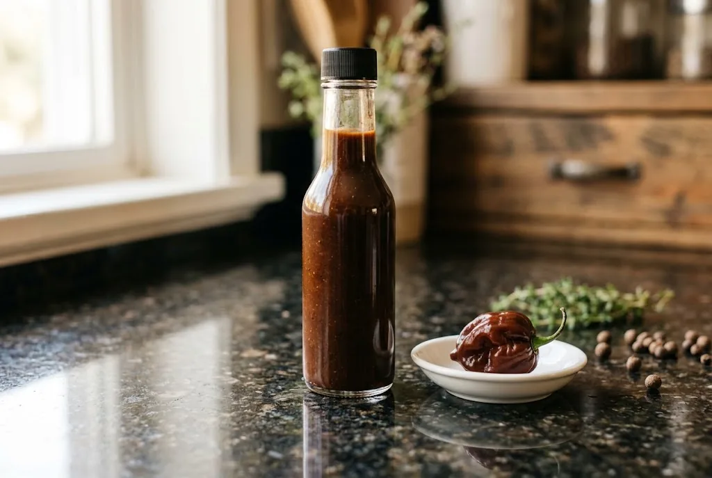 Clear glass bottle of artisanal homemade chocolate habanero hot sauce on dark stone counter beside a ripe pod