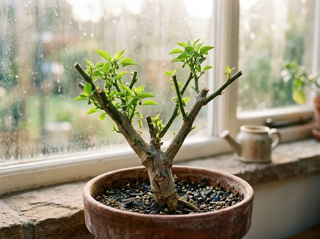 Potted Capsicum annuum chili plant overwintering in terracotta pot on stone windowsill