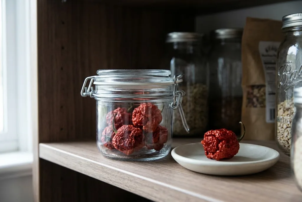 Dried 7 Pot Brain Strain peppers stored in a small airtight jar