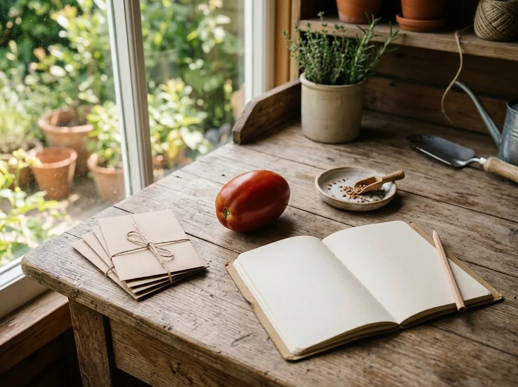 A single red paste tomato beside blank seed envelopes and a notebook