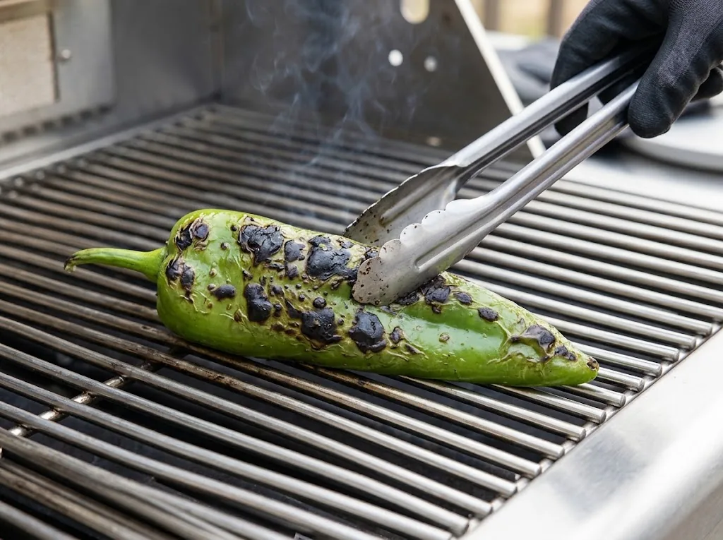 Mature-green Sandia pepper blistering on a grill with a gloved hand and tongs