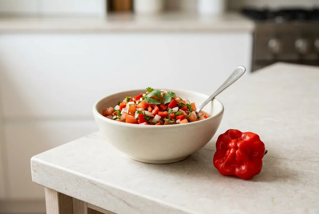 Fresh salsa with diced red Brazilian Starfish pepper and one whole pepper beside the ceramic bowl