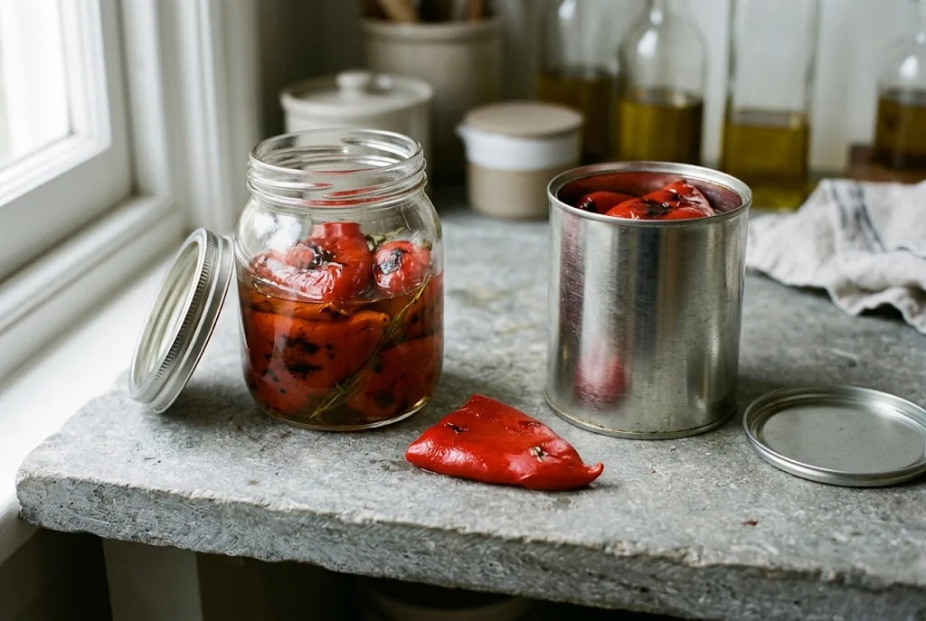 Roasted Piquillo peppers beside an open jar and plain tin on a pantry shelf