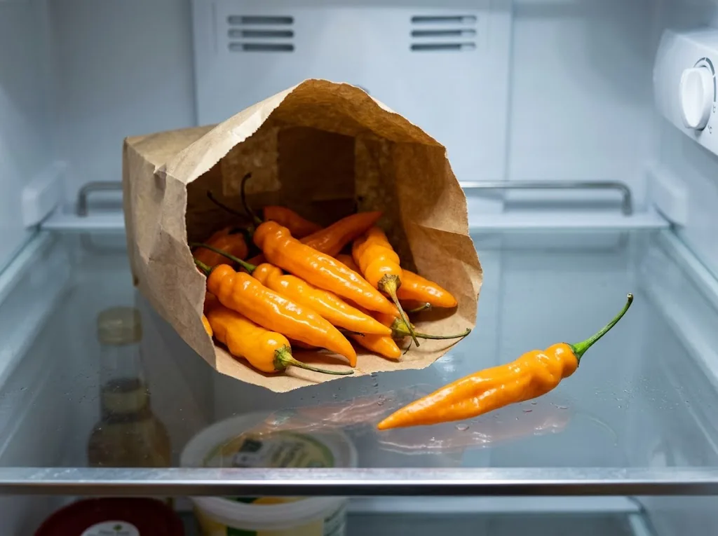 Ripe orange Habanada peppers in a paper produce bag on a refrigerator shelf