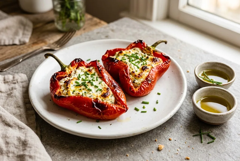 Roasted three-lobed Mad Hatter peppers stuffed with herbed goat cheese on a ceramic serving plate