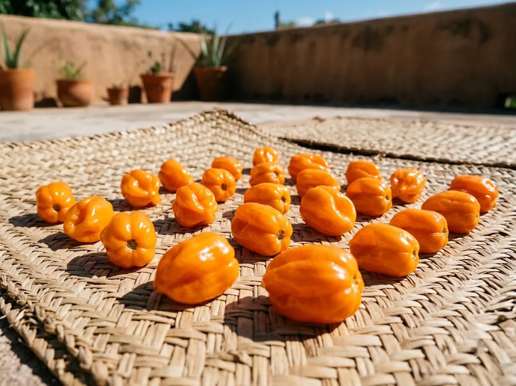 Ripe orange habanero pods spread on a woven palm mat in strong sunlight to dry