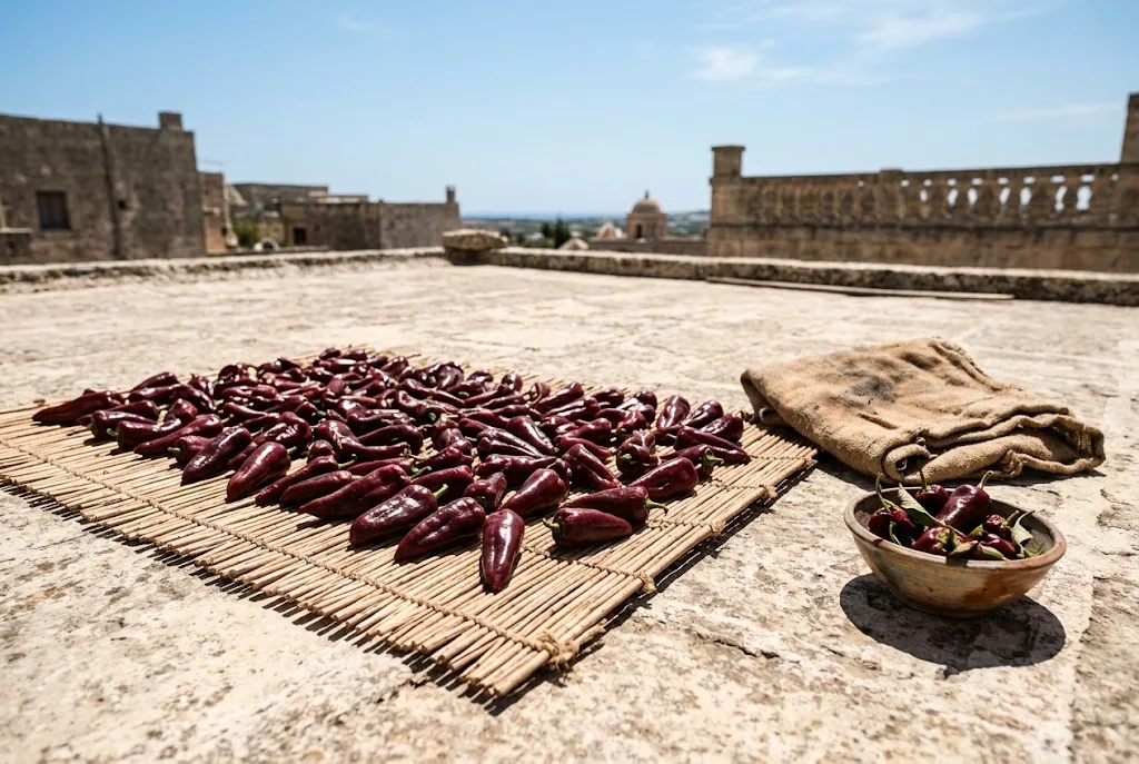 A single layer of just-picked dark red Halaby pods spread across a clean woven reed mat in full sun on a low stone wall with a folded cloth and a small ceramic bowl of picked pods nearby