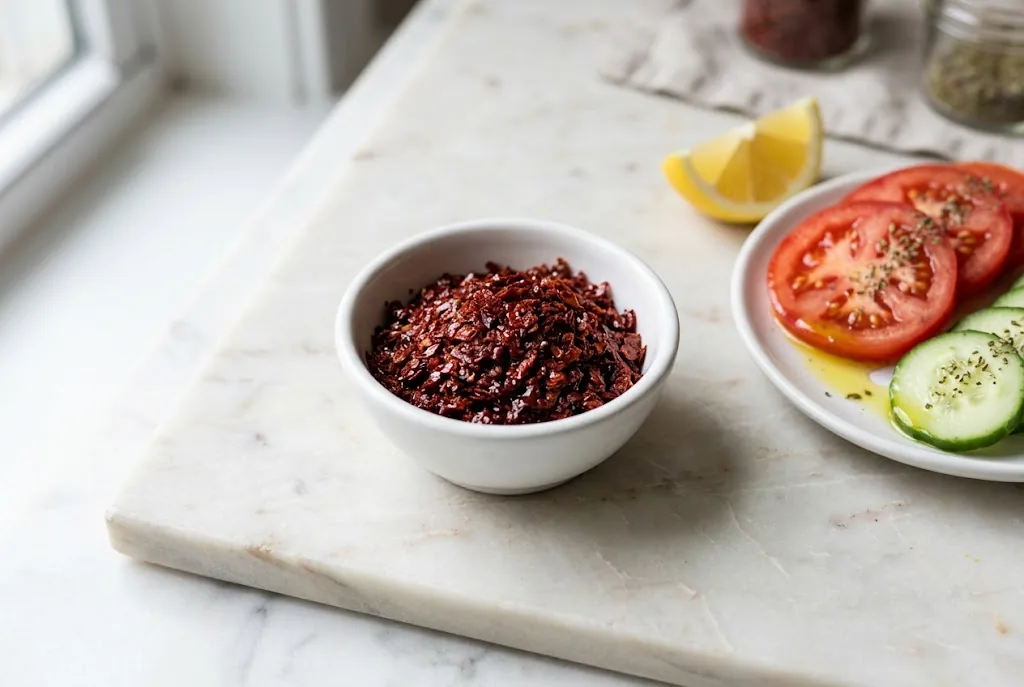A small white ceramic dish of coarse burgundy Aleppo pepper flakes on a pale marble counter beside sliced ripe tomatoes and cucumber, a lemon wedge, and a drizzle of olive oil