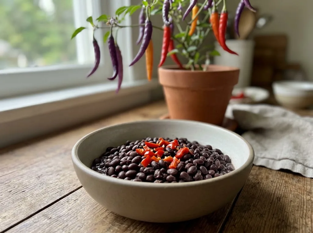 A bowl of black beans topped with a little chopped Buena Mulata pepper