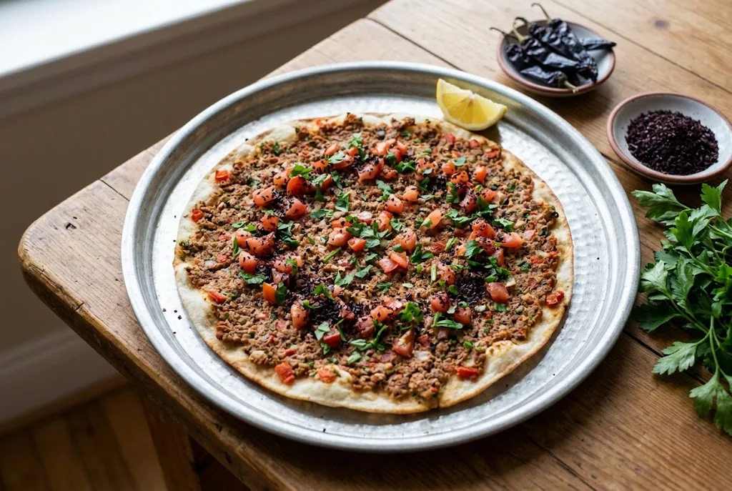 Round lahmacun on a metal tray topped with spiced ground-meat mixture tomato parsley lemon and a dusting of coarse dark purple-black urfa biber flakes beside small dishes of whole pods and ground flakes
