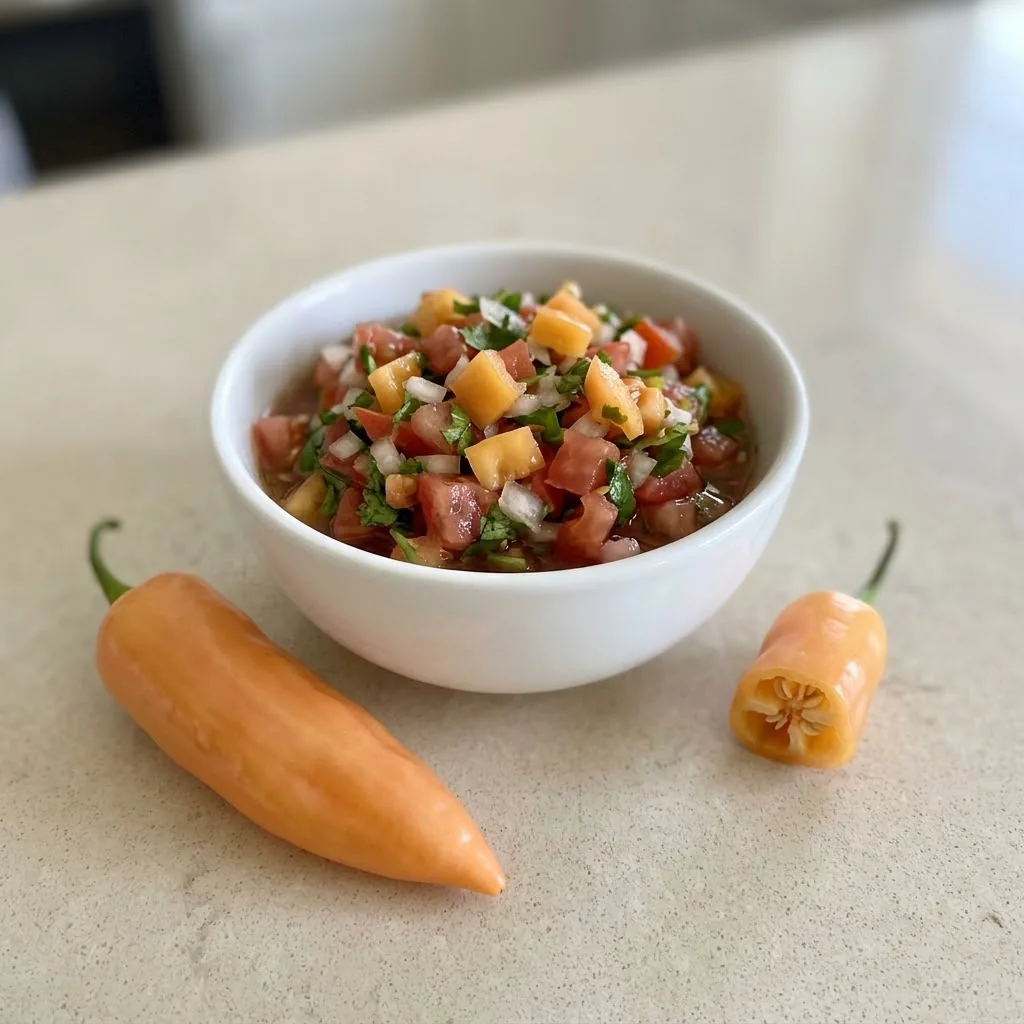 Fresh tomato salsa with a small amount of Sugar Rush Peach pepper and one ripe pod