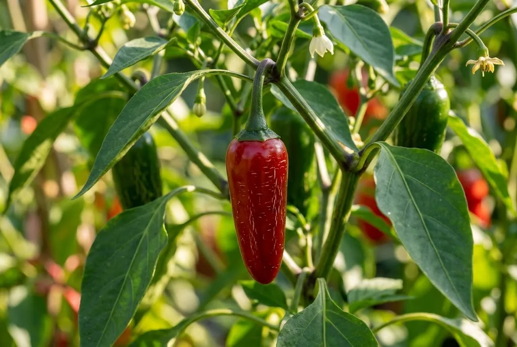 Ripe red jalapeno pepper hanging naturally from a living garden branch in bright morning sunshine