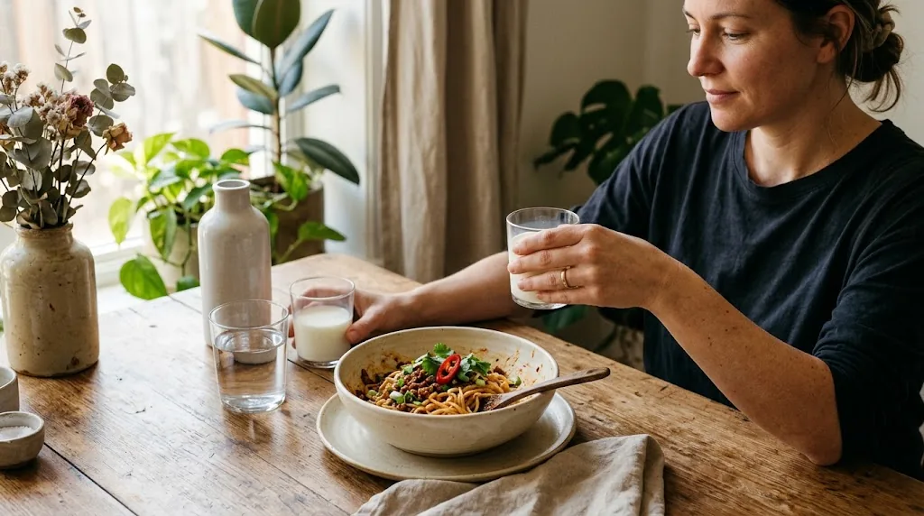 Woman holding milk beside spicy noodles and water at a quiet home dining table