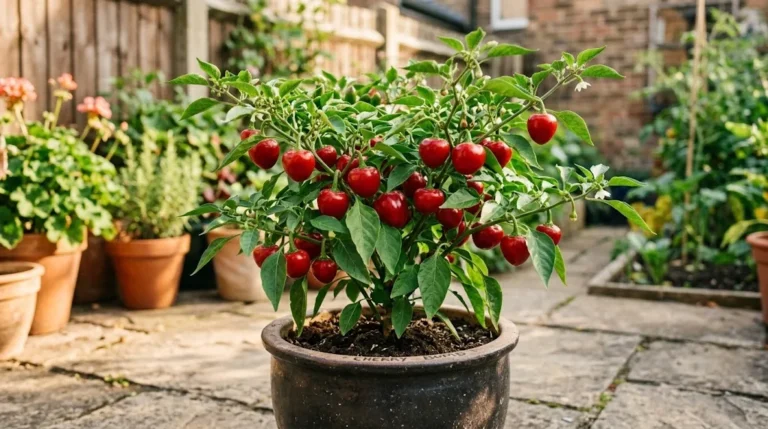 Fruiting Cherry Bomb pepper plant with ripe red pods in a patio pot
