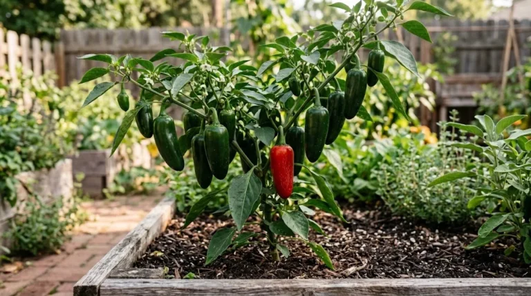Mammoth jalapeño plant bearing large green pods and one ripe red pod