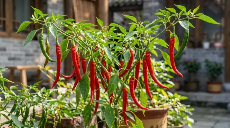 Fruiting Er Jing Tiao pepper plant with slender red pods in a warm garden