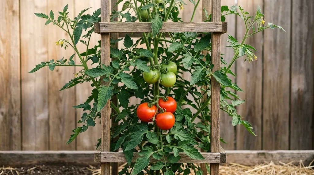 Indeterminate tomato vine growing upright on a sturdy cage with red fruit