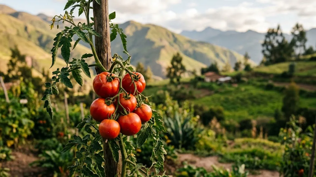 Six ripe tomatoes on a vine in a garden with Andean foothills in the distance