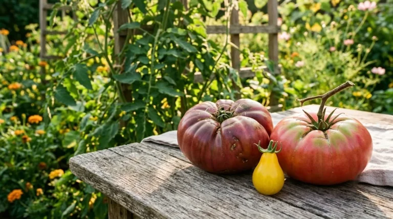 Cherokee Purple, Brandywine, and Yellow Pear tomatoes arranged on a garden table