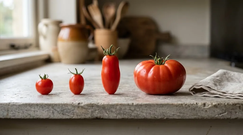 Four tomato types, cherry, grape, paste, and beefsteak, arranged on a kitchen counter