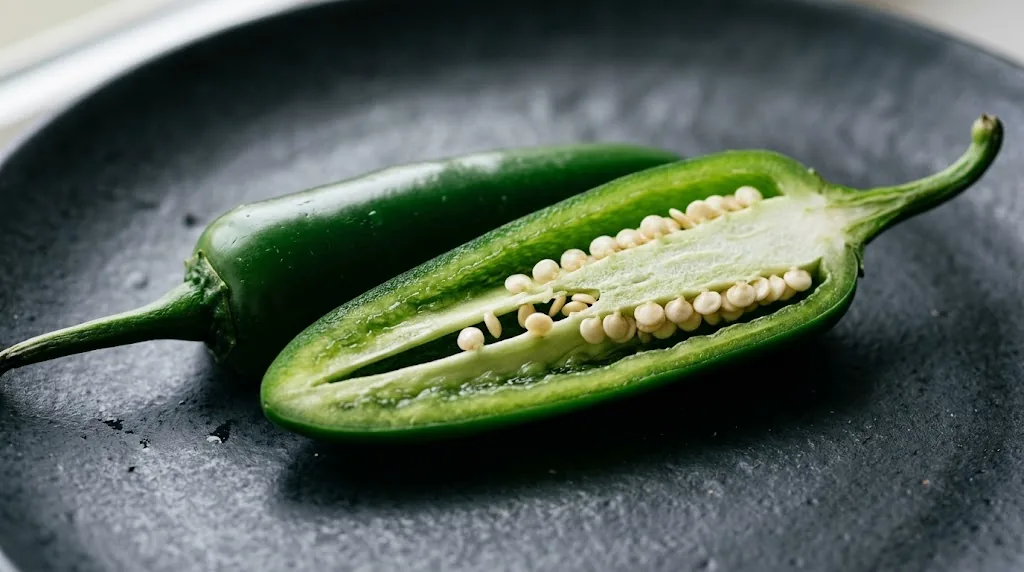 Lengthwise-cut green jalapeño showing pale inner ribs, placenta, and attached seeds