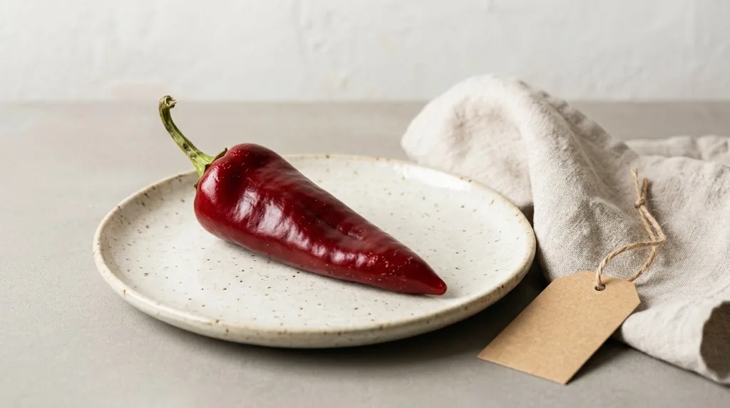 A tall clear glass jar of coarse burgundy Aleppo pepper flakes on a dark stone pantry shelf beside a shallow dish of whole dried dark red Halaby pods and smaller jars with kraft tags