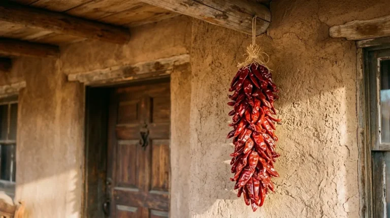 Sandia Hot chile ristra hanging from a New Mexico adobe doorway