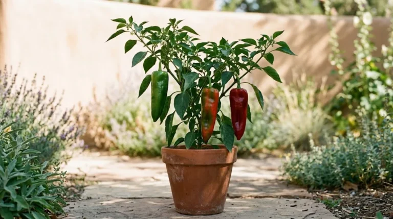 Fruiting Joe E. Parker pepper plant with attached green and red peppers in a sunny home garden