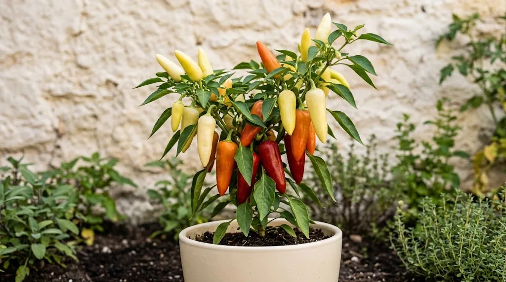A compact Feher Ozon pepper plant bearing pointed creamy white, orange and red fruit in a ceramic planter