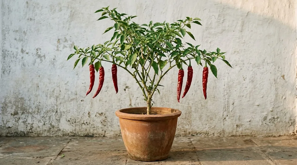A Byadgi pepper plant with attached deep-red wrinkled Kaddi pods in a clay pot