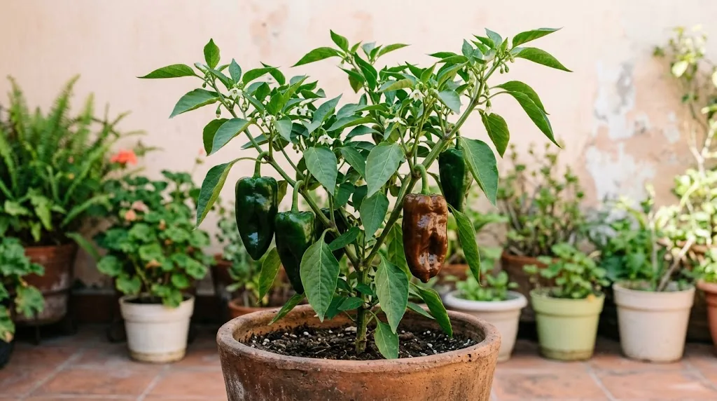 Mulato Isleño plant with attached green and mature brown fruits in a Puebla rooftop garden