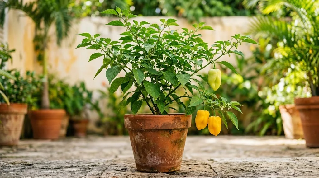 Trinidad Perfume plant with attached pale-green and ripe yellow fruits in a courtyard