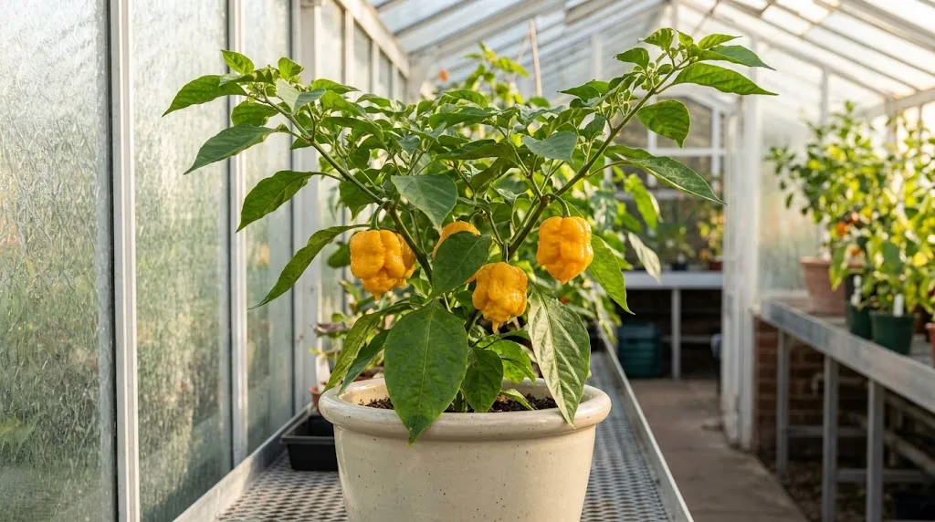 7 Pot Yellow pepper plant with three wrinkled gold fruits in a sunlit glasshouse