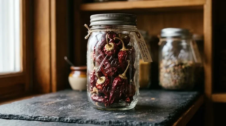 Clear glass mason jar filled with whole dried red chili peppers on a dark slate pantry shelf