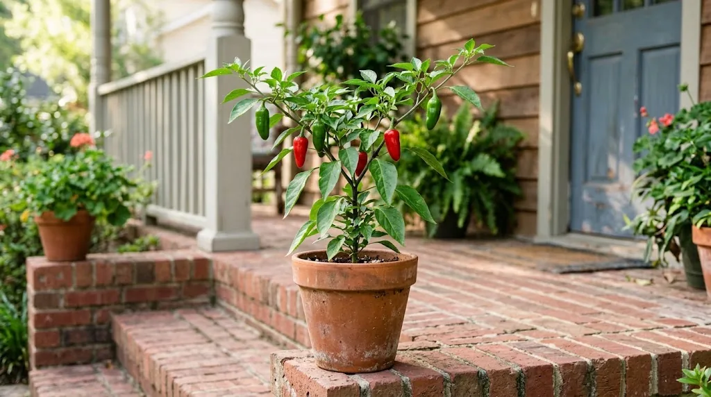 A fruiting Rooster Spur pepper plant on a brick stoop, with green and red upright pods