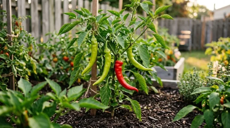 Beaver Dam pepper plant bearing lime-green and red horn-shaped peppers in a Wisconsin garden