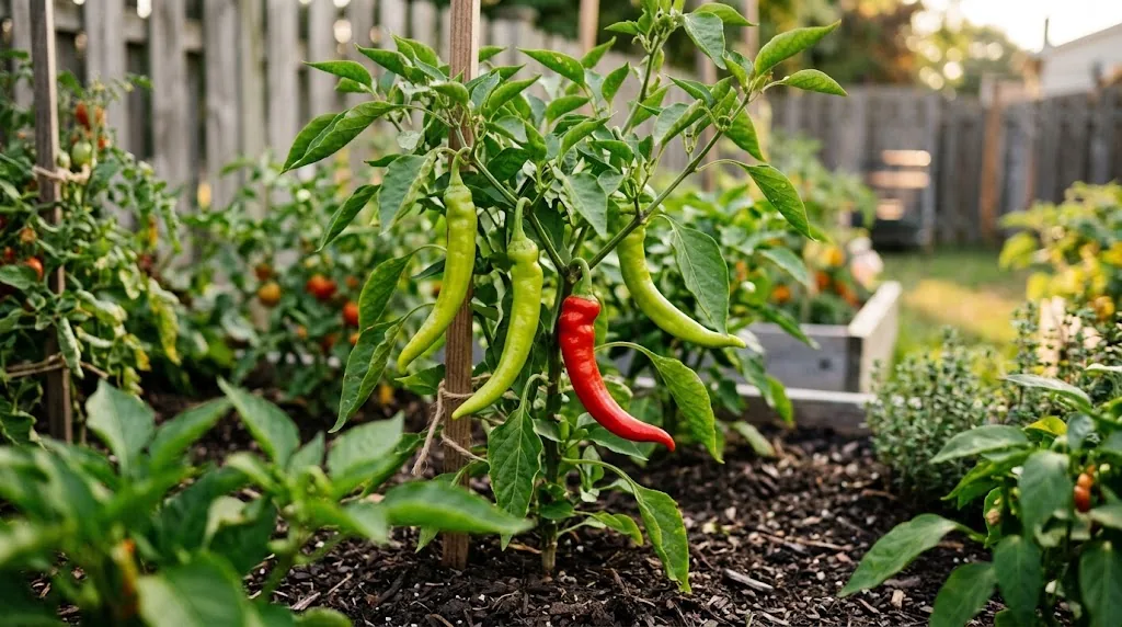 Beaver Dam pepper plant bearing lime-green and red horn-shaped peppers in a Wisconsin garden
