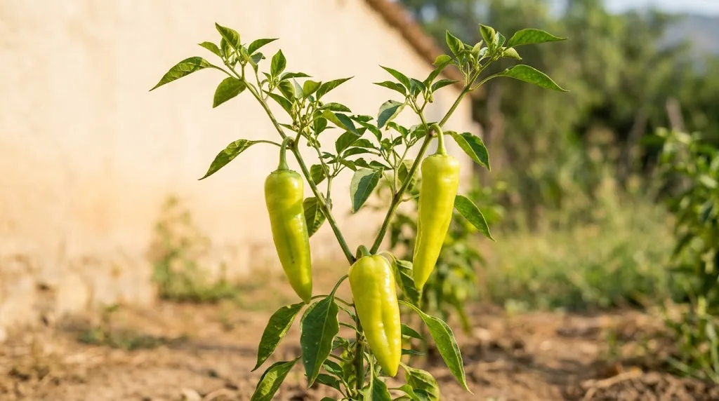 Chile de agua plant with three pale green conical fruits growing in an Oaxaca garden.