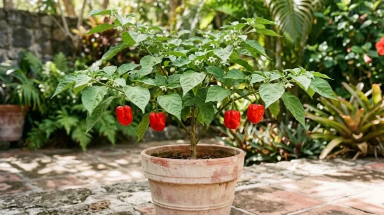 A potted Caribbean Red Habanero plant with four attached bright-red wrinkled pods on a sunlit patio