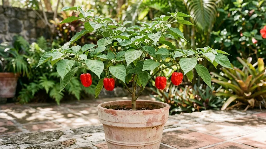 A potted Caribbean Red Habanero plant with four attached bright-red wrinkled pods on a sunlit patio