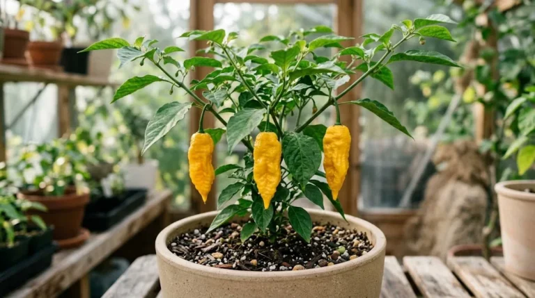 Yellow Ghost plant in a greenhouse with three ripe yellow peppers hanging from its branches