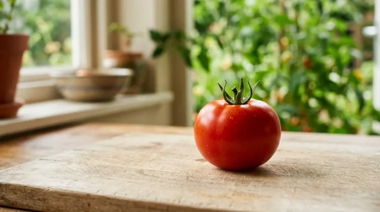 One ripe red tomato with its green stem resting on a pale kitchen board