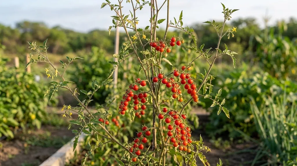 A branching currant tomato plant with tiny red berries in a botanical research garden