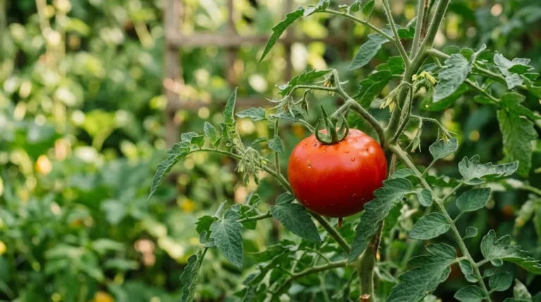 One ripe red tomato still attached to a leafy tomato vine