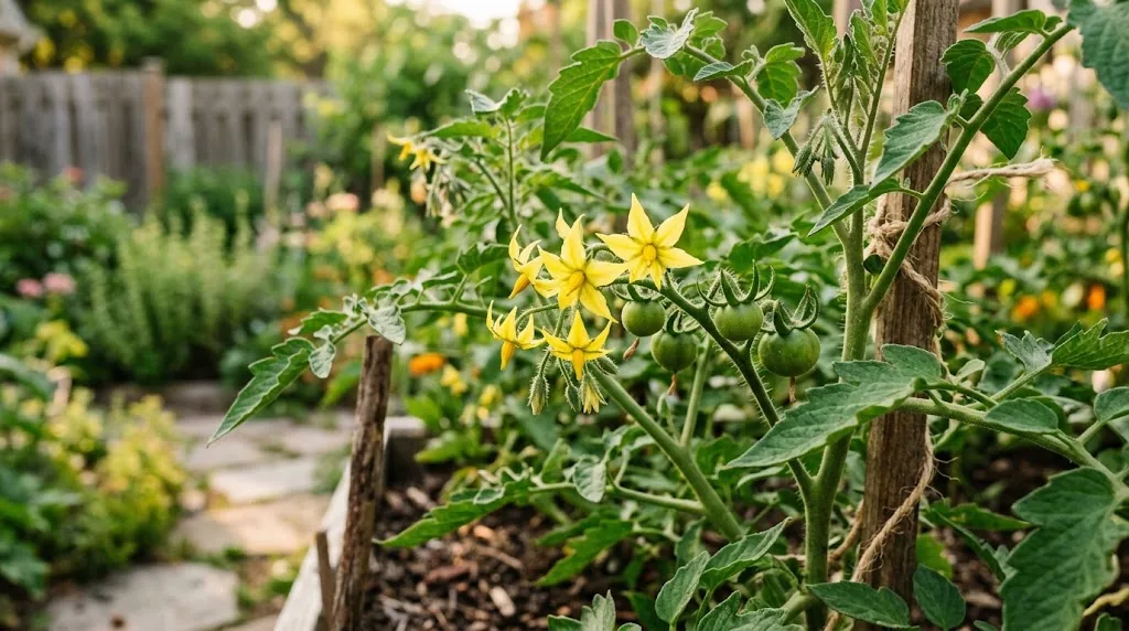 A flowering tomato plant with yellow blossoms and young green fruit in a home garden