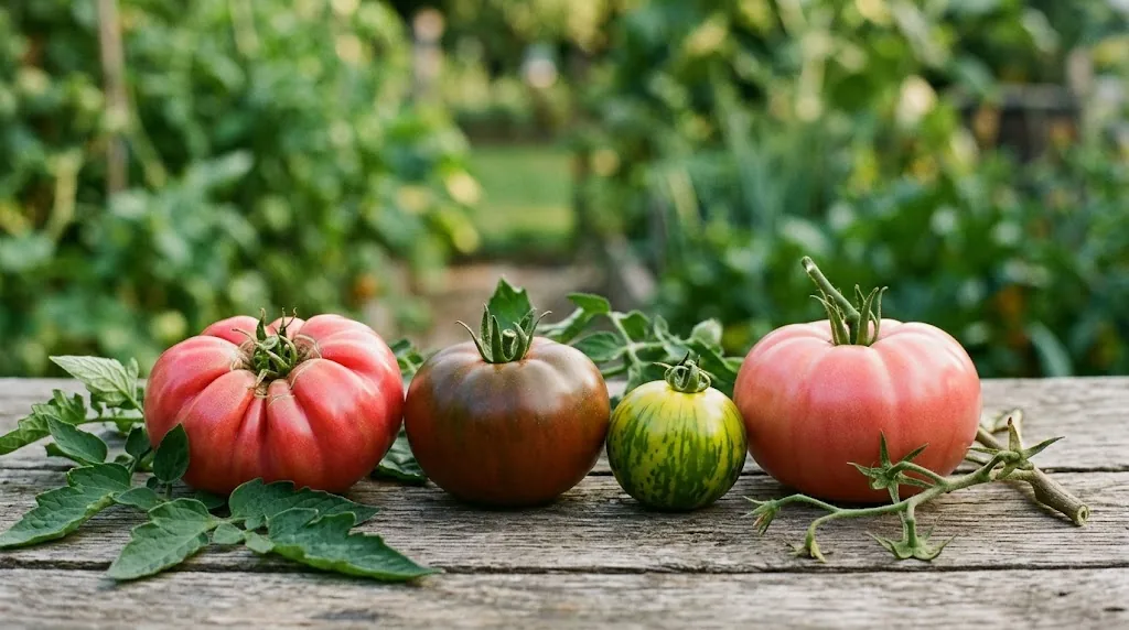 Four heirloom tomatoes in pink, dark brown-red, and green stripes